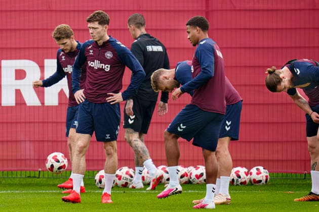 Denmark Nations League Andreas Skov Olsen, Nikolas Nartey, Anton Gaaei, Victor Nelsson, and Kasper Hoegh during the training at the national football team s gathering in Helsingoer on Tuesday, September 29, 2026. Denmark will play a Nations League match on Thursday in Parken against Portugal. (Photo: Liselotte Sabroe Ritzau Scanpix) , Copenhagen Denmark Copyright: Ritzau Scanpix LiselottexSabroex spdk20260929-121208-L