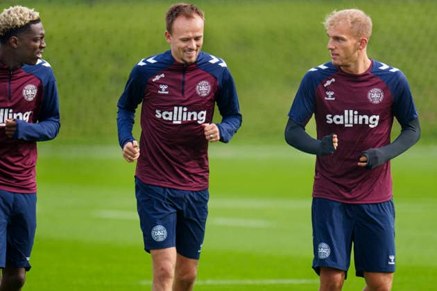Denmark Nations League Mohamed Daramy, Mikkel Damsgaard, and Gustav Isaksen during training at the national football team s gathering in Helsingoer on Tuesday, September 29, 2026. Denmark will play a Nations League match on Thursday at Parken against Portugal. (Photo: Liselotte Sabroe Ritzau Scanpix) , Copenhagen Denmark Copyright: Ritzau Scanpix LiselottexSabroex spdk20260929-123820-L