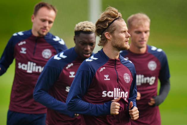 Denmark Nations League Morten Hjulmand, Mohamed Daramy, Gustav Isaksen, and Mikkel Damsgaard during training at the national football team s gathering in Helsingoer on Tuesday, September 29, 2026. Denmark will play a Nations League match against Portugal on Thursday at Parken. (Photo: Liselotte Sabroe Ritzau Scanpix) , Copenhagen Denmark Copyright: Ritzau Scanpix LiselottexSabroex spdk20260929-124316-L