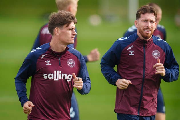 Denmark Nations League Joakim Maehle and Pierre-Emile Hoejbjerg during training at the national football team s gathering in Helsingoer on Tuesday, September 29, 2026. Denmark plays a Nations League match on Thursday at Parken against Portugal. (Photo: Liselotte Sabroe Ritzau Scanpix) , Copenhagen Denmark Copyright: Ritzau Scanpix LiselottexSabroex spdk20260929-122846-L