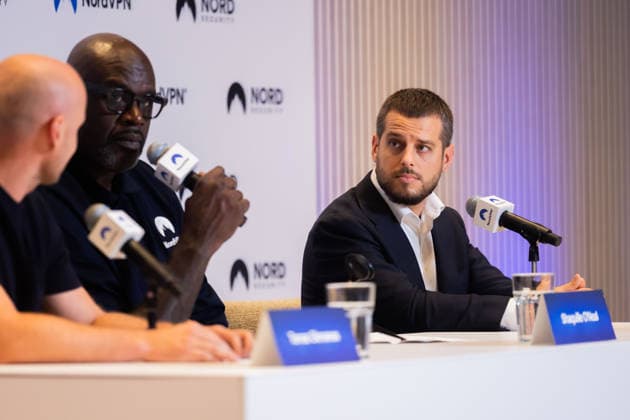 Tomas Okmanas ir Eimantas Sabaliauskas kartu su NBA, Basketball Herren, USA legenda ir verslininku Shaquille‘u O Nealu pristate nauja pasauline partneryste. Vilnius, 2026-09-29. Vilnius Lietuva Copyright: xPatricijaxAdamoviÄx
