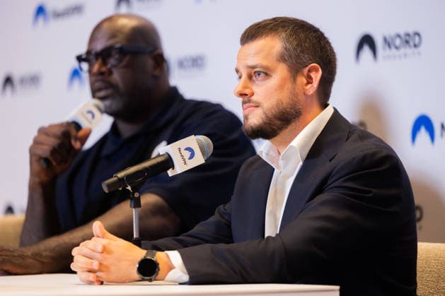 Tomas Okmanas ir Eimantas Sabaliauskas kartu su NBA, Basketball Herren, USA legenda ir verslininku Shaquille‘u O Nealu pristate nauja pasauline partneryste. Vilnius, 2026-09-29. Vilnius Lietuva Copyright: xPatricijaxAdamoviÄx