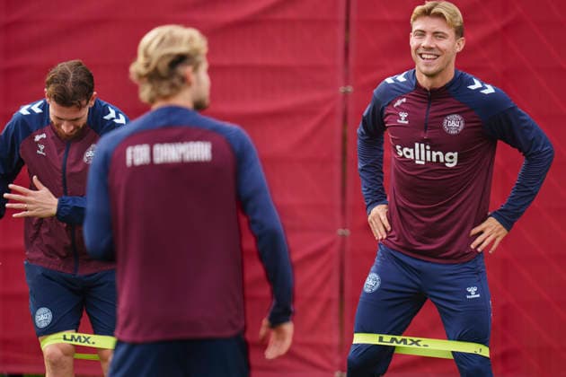 Denmark Nations League Rasmus Hoejlund and Pierre-Emile Hoejbjerg during training at the national football team s gathering in Helsingoer on Tuesday, September 29, 2026. Denmark will play a Nations League match on Thursday in Parken against Portugal. (Photo: Liselotte Sabroe Ritzau Scanpix) , Copenhagen Denmark Copyright: Ritzau Scanpix LiselottexSabroex spdk20260929-125903-L