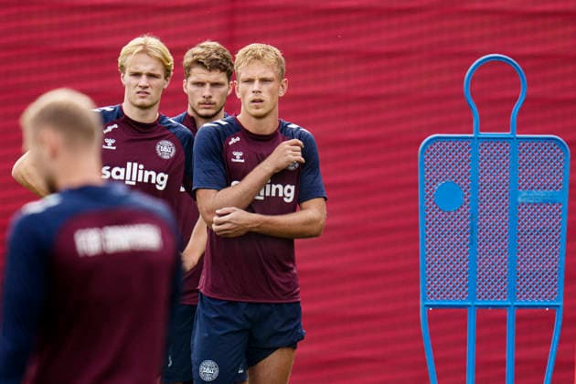 Denmark Nations League Lucas Hoegsberg, Victor Froholdt, and Anton Gaaei during training at the national football team s gathering in Helsingoer on Tuesday, September 29, 2026. Denmark plays a Nations League match on Thursday at Parken against Portugal. (Photo: Liselotte Sabroe Ritzau Scanpix) , Copenhagen Denmark Copyright: Ritzau Scanpix LiselottexSabroex spdk20260929-125722-L