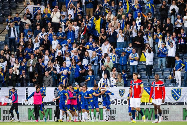 260929 Eman Kospo of Bosnia-Herzegovina celebrates after scoring the 0-1 goal during the UEFA European Under-21 Qualifier football match between Norway and Bosnia-Herzegovina on September 29, 2026 in Stavanger. Photo: Marius Simensen BILDBYRAN COP 238 bbeng bosnia bosnia-hercegovina em kvalifisering football fotball fotboll jubel norge norway soccer U21, U 21 UEFA EURO, EM, Europameisterschaft,Fussball under-21 qualifiers Copyright: MARIUSxSIMENSEN BB260929BB292