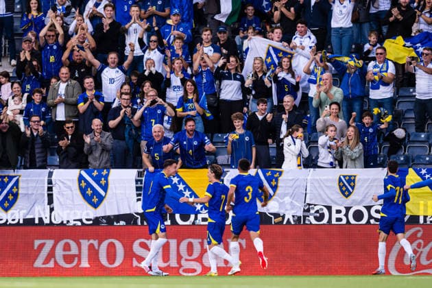 260929 Eman Kospo of Bosnia-Herzegovina celebrates after scoring the 0-1 goal during the UEFA European Under-21 Qualifier football match between Norway and Bosnia-Herzegovina on September 29, 2026 in Stavanger. Photo: Marius Simensen BILDBYRAN COP 238 bbeng bosnia bosnia-hercegovina em kvalifisering football fotball fotboll jubel norge norway soccer U21, U 21 UEFA EURO, EM, Europameisterschaft,Fussball under-21 qualifiers Copyright: MARIUSxSIMENSEN BB260929BB293