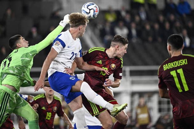LKS 20260929 Goalkeeper Fedor Lapoukhov of Belarus saves against Ville Koski of Finland during the UEFA Nations League League C Group C1 football match between Finland and Belarus in Helsinki, Finland, on September 29, 2026. - RONI REKOMAA Helsinki Finland bKaFu37ajtA  Copyright: xRonixRekomaax bKaFu37ajtA