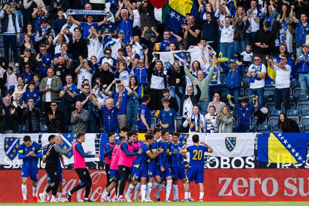 260929 Eman Kospo of Bosnia-Herzegovina celebrates after scoring the 0-1 goal during the UEFA European Under-21 Qualifier football match between Norway and Bosnia-Herzegovina on September 29, 2026 in Stavanger. Photo: Marius Simensen BILDBYRAN COP 238 bbeng bosnia bosnia-hercegovina em kvalifisering football fotball fotboll jubel norge norway soccer U21, U 21 UEFA EURO, EM, Europameisterschaft,Fussball under-21 qualifiers Copyright: MARIUSxSIMENSEN BB260929BB361