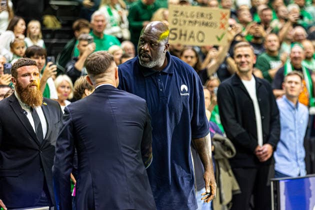 Zalgiris Kaunas vs Olympiacos Piraeus - EuroLeague Shaquille O Neal attends the EuroLeague basketball match between Zalgiris Kaunas and Olympiacos Piraeus at Zalgiris Arena in Kaunas, Lithuania. Kaunas Kaunas Lithuania