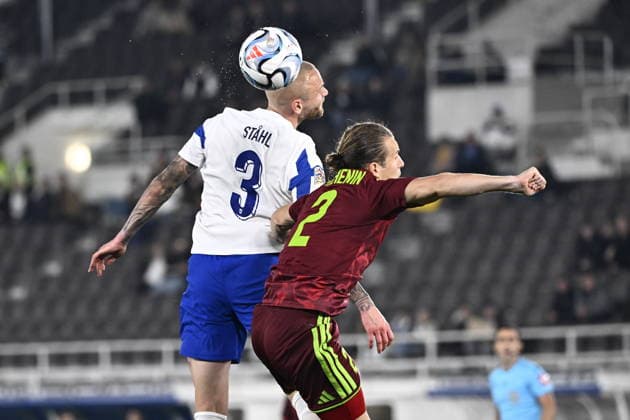 LKS 20260929 Adam Stahl of Finland goes for a header with Kirill Pechenin of Belarus during the UEFA Nations League League C Group C1 football match between Finland and Belarus in Helsinki, Finland, on September 29, 2026. - RONI REKOMAA Helsinki Finland D9_eIOlNflI  Copyright: xRonixRekomaax D9_eIOlNflI