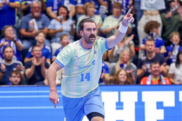 29.09.2026, Handball, EL, VfL Gummersbach - PGE Wybrzeza Gdansk Danzig, 1.Spieltag EHF European League, Saison 2026 27 Herren, Schwalbe-Arena: Torjubel nach dem Tor durch Torschütze Teitur Einarsson (VfL Gummersbach 14) Nordrhein-Westfalen Deutschland