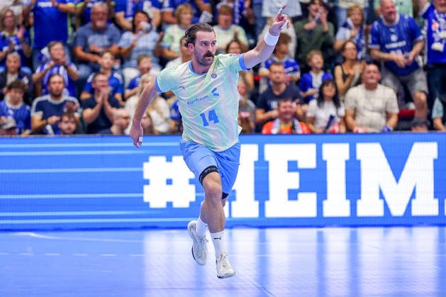 29.09.2026, Handball, EL, VfL Gummersbach - PGE Wybrzeza Gdansk Danzig, 1.Spieltag EHF European League, Saison 2026 27 Herren, Schwalbe-Arena: Torjubel nach dem Tor durch Torschütze Teitur Einarsson (VfL Gummersbach 14) Nordrhein-Westfalen Deutschland