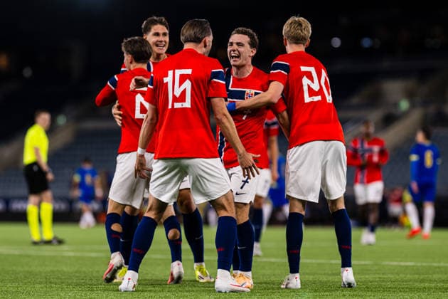 260929 Niklas odegard of Norway celebrates after scoring the 3-1 goal during the UEFA European Under-21 Qualifier football match between Norway and Bosnia-Herzegovina on September 29, 2026 in Stavanger. Photo: Marius Simensen BILDBYRAN COP 238 bbeng bosnia bosnia-hercegovina em kvalifisering football fotball fotboll jubel norge norway soccer U21, U 21 UEFA EURO, EM, Europameisterschaft,Fussball under-21 qualifiers Copyright: MARIUSxSIMENSEN BB260929BB423