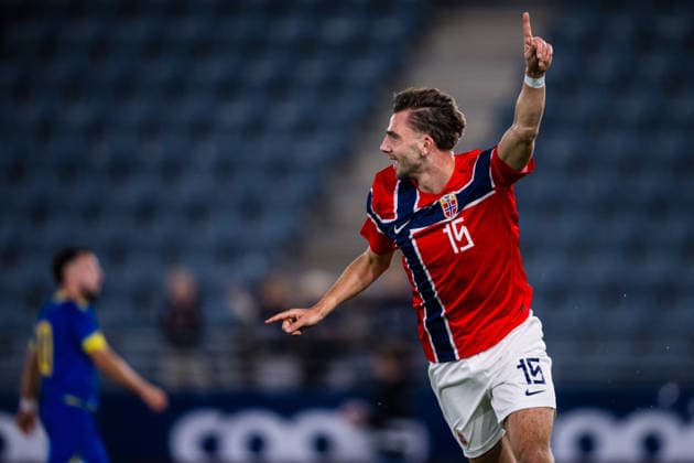 260929 Niklas odegard of Norway celebrates after scoring the 3-1 goal during the UEFA European Under-21 Qualifier football match between Norway and Bosnia-Herzegovina on September 29, 2026 in Stavanger. Photo: Marius Simensen BILDBYRAN COP 238 bbeng bosnia bosnia-hercegovina em kvalifisering football fotball fotboll jubel norge norway soccer U21, U 21 UEFA EURO, EM, Europameisterschaft,Fussball under-21 qualifiers Copyright: MARIUSxSIMENSEN BB260929BB427