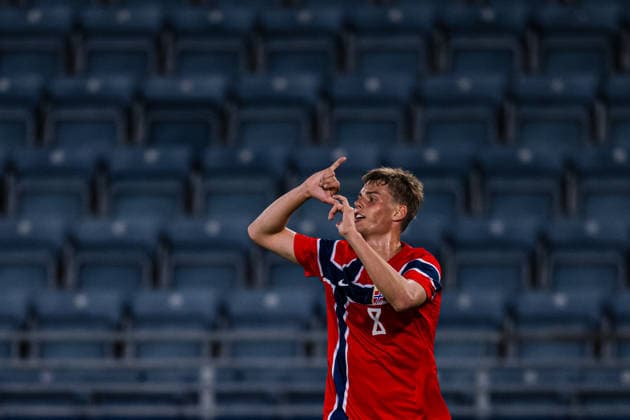 260929 Jens Hjerto-Dahl of Norway celebrates after scoring the 5-1 goal during the UEFA European Under-21 Qualifier football match between Norway and Bosnia-Herzegovina on September 29, 2026 in Stavanger. Photo: Marius Simensen BILDBYRAN COP 238 bbeng bosnia bosnia-hercegovina em kvalifisering football fotball fotboll jubel norge norway soccer U21, U 21 UEFA EURO, EM, Europameisterschaft,Fussball under-21 qualifiers Copyright: MARIUSxSIMENSEN BB260929BB438
