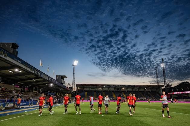 Belgium s players pictured in action during the warming-up for a soccer game between Belgium U21, U 21 and Wales U21, Tuesday 29 September 2026 in Westerlo, qualifier 7 8 for the 2027 European Championships. BRUNOxFAHY  x188251969x