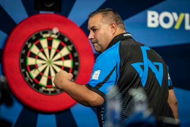RECORD DATE NOT STATED 29th September 2026; Mattioli Arena, Leicester, England; PDC World Grand Prix Darts, Day 2; Jermaine Wattimena celebrates winning a leg in his first round match against Chris Dobey GodfreyxPitt