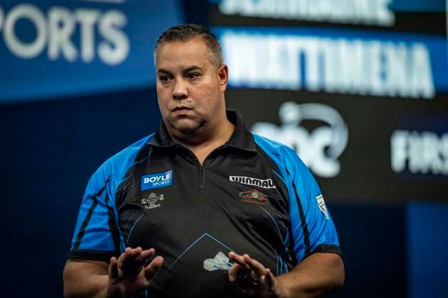 RECORD DATE NOT STATED 29th September 2026; Mattioli Arena, Leicester, England; PDC World Grand Prix Darts, Day 2; Jermaine Wattimena celebrates winning a leg in his first round match against Chris Dobey GodfreyxPitt