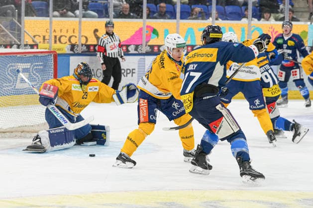 29 09 2026, Quinto, Gottardo Arena, NL: HC AmbrÃ¬-Piotta v HC Davos: 29 goalkeeper Sandro Aeschlimann (Davos) in action Quinto Gottardo Arena Ticino Switzerland Copyright: xJustPictures.ch JarixPestelaccix jp-en-JaPe-JP6_JAr_NL_HCAP_HCD_29Sep2026_000037