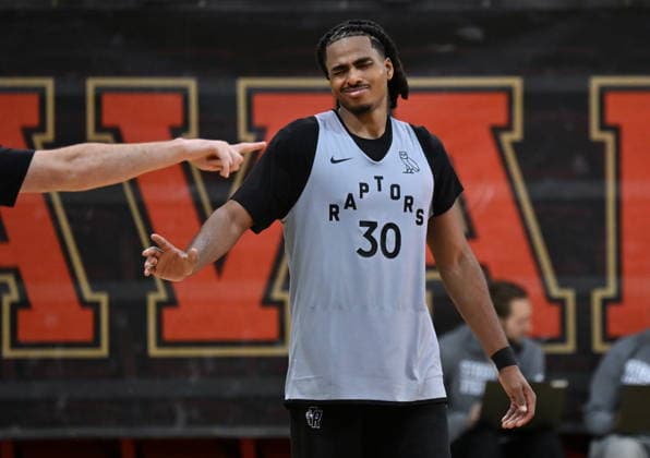 September 29, 2026, Quebec, Qc, Canada: Toronto Raptors Collin Murray-Boyles grimaces during basketball training camp action in Quebec City, Tuesday, Sept. 29, 2026 Canada News - September 29, 2026  - ZUMAc35_ 20260929_zaf_c35_068 Copyright: xJacquesxBoissinotx