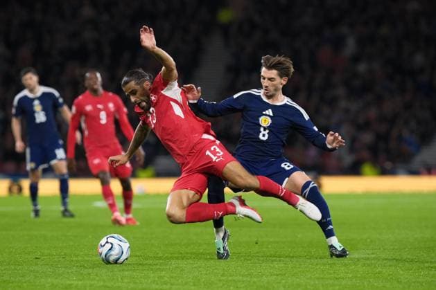 UK: UEFA Nations League, Scotland v Switzerland at Barclays Hampden, Glasgow, Scotland on 29 September 2026: Pictured: Ricardo Rodriguez (Switzerland) and Billy Gilmour (Scotland) Glasgow Barclays Hampden Scotland Copyright: xAlexxToddx