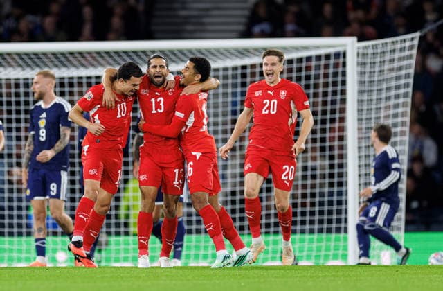 29.09.2026: Scotland v Switzerland: Ricardo Rodriguez scores and celebrates with Zeki Amdouni and Zachary Athekame of Switzerland  Copyright: xWilliexVassx NINTCHDBPICT001112139883