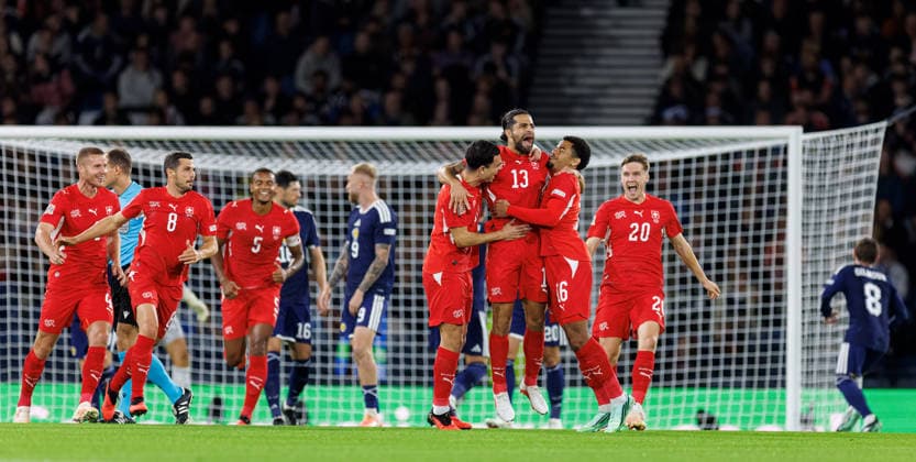 29.09.2026: Scotland v Switzerland: Ricardo Rodriguez scores and celebrates with Zeki Amdouni and Zachary Athekame of Switzerland  Copyright: xWilliexVassx NINTCHDBPICT001112139942