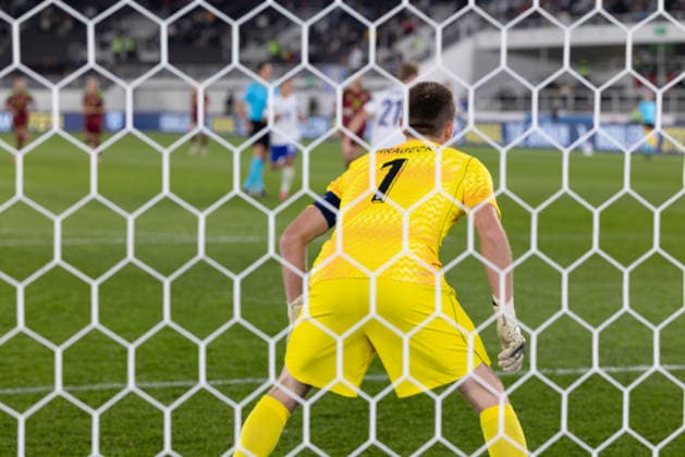 September 29, 2026, Helsinki, Uusimaa, Finland: HELSINKI, FINLAND - SEPTEMBER 29, 2026: Finland goalkeeper and captain Lukas Hradecky (1) in action during the UEFA Nations League football match between Finland and Belarus at Helsinki Olympic Stadium in Helsinki, Finland. . Helsinki Finland - ZUMAt172 20260929_zip_t172_069 Copyright: xJosexTabaresx