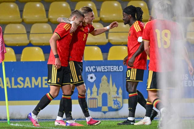 260924 Belgium U21, U 21 vs Wales U21 Norman Bassette (9) of Belgium celebrates with Romeo Vermant (17) of Belgium after scoring the 1-0 goal during a soccer game between the Under 21 national teams of Belgium and Wales on matchday 11 in group I in the qualifying of the UEFA Under 21 Championship , on Tuesday 29 September 2026 in Westerlo , Belgium .(Photo by David Catry Isosport) Westerlo Belgium  Copyright: xDavidxCatryx 20260929DC2_5378