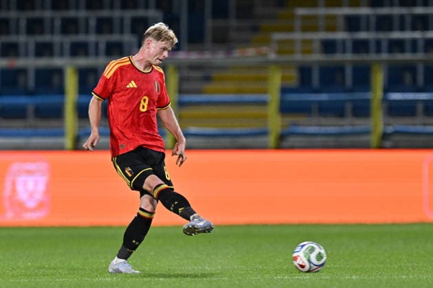 260924 Belgium U21, U 21 vs Wales U21 Arthur Piedfort (8) of Belgium pictured during a soccer game between the Under 21 national teams of Belgium and Wales on matchday 11 in group I in the qualifying of the UEFA Under 21 Championship , on Tuesday 29 September 2026 in Westerlo , Belgium .(Photo by David Catry Isosport) Westerlo Belgium  Copyright: xDavidxCatryx 20260929DC2_5941