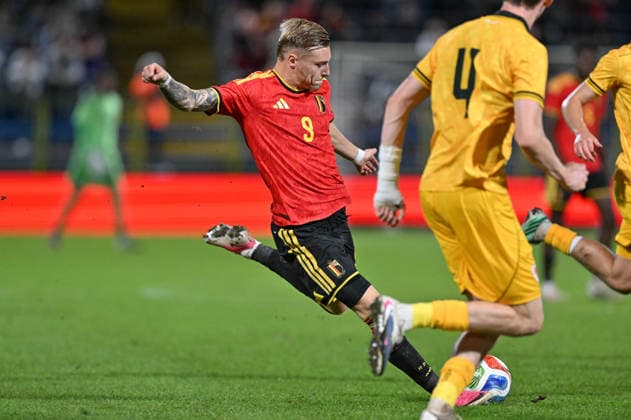 260924 Belgium U21, U 21 vs Wales U21 Norman Bassette (9) of Belgium pictured during a soccer game between the Under 21 national teams of Belgium and Wales on matchday 11 in group I in the qualifying of the UEFA Under 21 Championship , on Tuesday 29 September 2026 in Westerlo , Belgium .(Photo by David Catry Isosport) Westerlo Belgium  Copyright: xDavidxCatryx 20260929DC2_6066