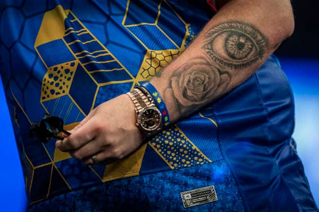 RECORD DATE NOT STATED 29th September 2026; Mattioli Arena, Leicester, England; PDC World Grand Prix Darts, Day 2; Detail of the tattoos on the arm of Josh Rock GodfreyxPitt