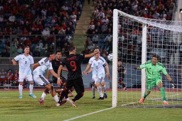 San Marino v Albania - UEFA Nations League - Season 2026-2027 Serravalle, Italy, 29th September 2026. Anis Mehmeti of Albania scores to give the visitors a 1-0 lead during the San Marino vs Albania UEFA Nations League, League C, Group C1, match at San Marino Stadium, Serravalle. Picture credit should read: Jonathan Moscrop Serravalle San Marino Stadium San Marino