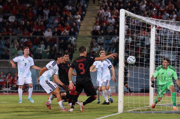 San Marino v Albania - UEFA Nations League - Season 2026-2027 Serravalle, Italy, 29th September 2026. Anis Mehmeti of Albania scores to give the visitors a 1-0 lead during the San Marino vs Albania UEFA Nations League, League C, Group C1, match at San Marino Stadium, Serravalle. Picture credit should read: Jonathan Moscrop Serravalle San Marino Stadium San Marino