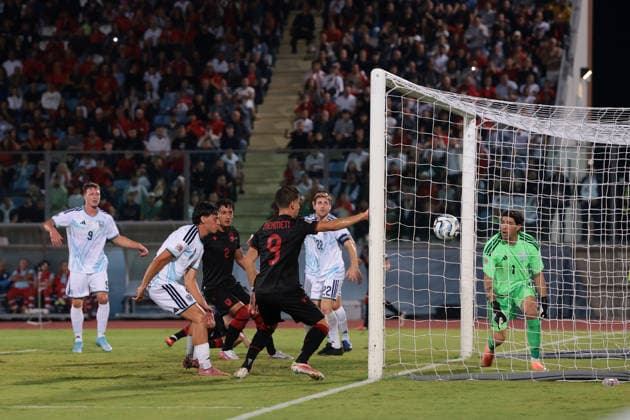 San Marino v Albania - UEFA Nations League - Season 2026-2027 Serravalle, Italy, 29th September 2026. Anis Mehmeti of Albania scores to give the visitors a 1-0 lead during the San Marino vs Albania UEFA Nations League, League C, Group C1, match at San Marino Stadium, Serravalle. Picture credit should read: Jonathan Moscrop Serravalle San Marino Stadium San Marino