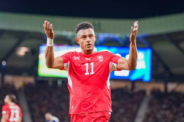 Fussball UEFA Nations League 2026 - 2027, 2. Spieltag - Schottland vs Schweiz - Hampden Park (Glasgow): Dan Ndoye (Schweiz, 11) Mimik, Gesichtsausdruck, Geste, Gestik, Emotion Copyright: xJOERANxSTEINSIEKx