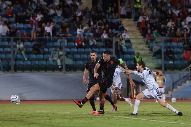 San Marino v Albania - UEFA Nations League - Season 2026-2027 Serravalle, Italy, 29th September 2026. Rey Manaj of Albania scores to give the visitors a 3-0 lead during the San Marino vs Albania UEFA Nations League, League C, Group C1, match at San Marino Stadium, Serravalle. Picture credit should read: Jonathan Moscrop Serravalle San Marino Stadium San Marino