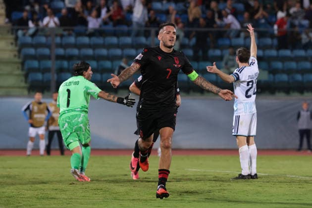 San Marino v Albania - UEFA Nations League - Season 2026-2027 Serravalle, Italy, 29th September 2026. Rey Manaj of Albania celebrates after scoring to give the visitors a 3-0 lead during the San Marino vs Albania UEFA Nations League, League C, Group C1, match at San Marino Stadium, Serravalle. Picture credit should read: Jonathan Moscrop Serravalle San Marino Stadium San Marino