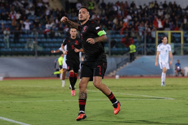 San Marino v Albania - UEFA Nations League - Season 2026-2027 Serravalle, Italy, 29th September 2026. Rey Manaj of Albania celebrates after scoring to give the visitors a 3-0 lead during the San Marino vs Albania UEFA Nations League, League C, Group C1, match at San Marino Stadium, Serravalle. Picture credit should read: Jonathan Moscrop Serravalle San Marino Stadium San Marino