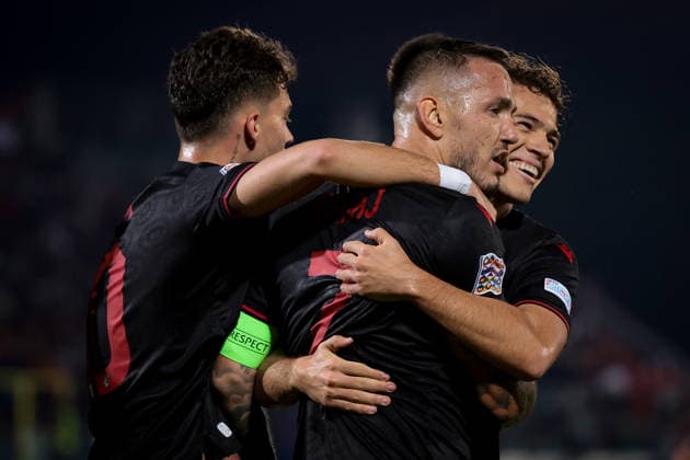 San Marino v Albania - UEFA Nations League - Season 2026-2027 Serravalle, Italy, 29th September 2026. Rey Manaj of Albania celebrates with team mates Ernest Muci and Kristjan Asllani after scoring to give the visitors a 3-0 lead during the San Marino vs Albania UEFA Nations League, League C, Group C1, match at San Marino Stadium, Serravalle. Picture credit should read: Jonathan Moscrop Serravalle San Marino Stadium San Marino