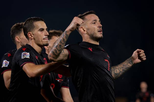 San Marino v Albania - UEFA Nations League - Season 2026-2027 Serravalle, Italy, 29th September 2026. Rey Manaj of Albania celebrates with team mates Ernest Muci and Kristjan Asllani after scoring to give the visitors a 3-0 lead during the San Marino vs Albania UEFA Nations League, League C, Group C1, match at San Marino Stadium, Serravalle. Picture credit should read: Jonathan Moscrop Serravalle San Marino Stadium San Marino