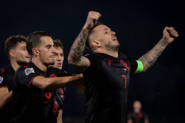 San Marino v Albania - UEFA Nations League - Season 2026-2027 Serravalle, Italy, 29th September 2026. Rey Manaj of Albania celebrates with team mates Ernest Muci and Kristjan Asllani after scoring to give the visitors a 3-0 lead during the San Marino vs Albania UEFA Nations League, League C, Group C1, match at San Marino Stadium, Serravalle. Picture credit should read: Jonathan Moscrop Serravalle San Marino Stadium San Marino