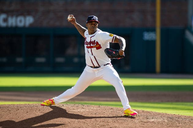 Raisel Iglesias 26 of the Atlanta Braves pitches in the ninth inning against the Philadelphia Phillies in game one of the MLB, Baseball Herren, USA National League Wild Card round at Truist Park on Tuesday, September 29, 2026 in Atlanta, Georgia.  ATL20260928134 JULIANxALEXANDER
