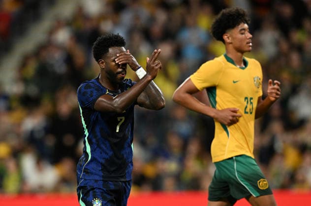 SOCCER AUSTRALIA BRAZIL, Vinicius Junior of Brazil celebrates scoring a goal during the Queensland Football Series International Friendly, Länderspiel, Nationalmannschaft match between the Australian Socceroos and Brazil at Suncorp Stadium in Brisbane, Tuesday, September 29, 2026. ( NO ARCHIVING, EDITORIAL USE ONLY BRISBANE QUEENSLAND Australia  Copyright: xDARRENxENGLANDx 20260930153282620930