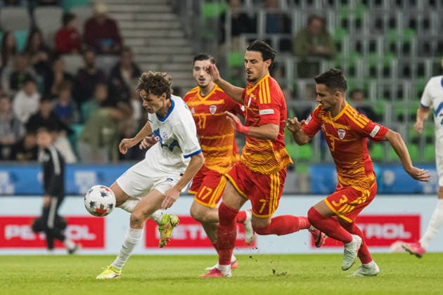 Tjas Begic, Eljif Elmas, Sabahudin Alomerovic seen during UEFA Nations League - League B, Matchday 2, season 26 27 game between teams of Slovenia and North Macedonia (Jan Borys Ball Raw Images) Ljubljana Stozice Stadium Slovenia Copyright: xJanxBorysx janborys_slovenia_north_macedonia_2627-26