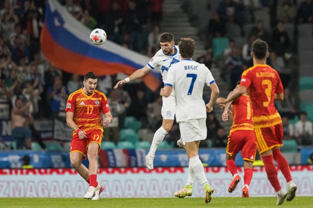Azer Omeragikj and Adam Gnezda Cerin seen during UEFA Nations League - League B, Matchday 2, season 26 27 game between teams of Slovenia and North Macedonia (Jan Borys Ball Raw Images) Ljubljana Stozice Stadium Slovenia Copyright: xJanxBorysx janborys_slovenia_north_macedonia_2627-25