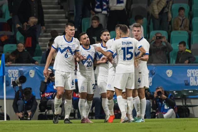 Slovenia players celebrating after scoring a goal seen during UEFA Nations League - League B, Matchday 2, season 26 27 game between teams of Slovenia and North Macedonia (Jan Borys Ball Raw Images) Ljubljana Stozice Stadium Slovenia Copyright: xJanxBorysx janborys_slovenia_north_macedonia_2627-101