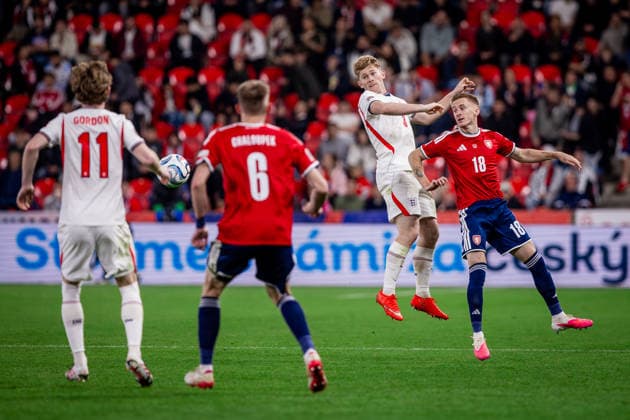 CZECHIA - ENGLAND Lewis Hall of England and Newcastle United and Matej Radosta of Czechia and FK Teplice during UEFA Nations League - League A - Group A3 - Matchday 2 - football match between Czechia and England. Fortuna Arena, Eden, Stadion, Prague, Czechia September 29, 2026. Photo by Branislav Racko Copyright: xx 080A6394