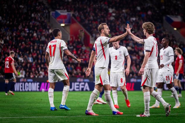 CZECHIA - ENGLAND Harry Kane of England and Bayern Munich celebrates a goal with Anthony Gordon of England and Barcelona during UEFA Nations League - League A - Group A3 - Matchday 2 - football match between Czechia and England. Fortuna Arena, Eden, Stadion, Prague, Czechia September 29, 2026. Photo by Branislav Racko Copyright: xx _BRR0032
