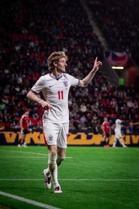 CZECHIA - ENGLAND Anthony Gordon of England and Barcelona celebrates a goal during UEFA Nations League - League A - Group A3 - Matchday 2 - football match between Czechia and England. Fortuna Arena, Eden, Stadion, Prague, Czechia September 29, 2026. Photo by Branislav Racko Copyright: xx _BRR9948